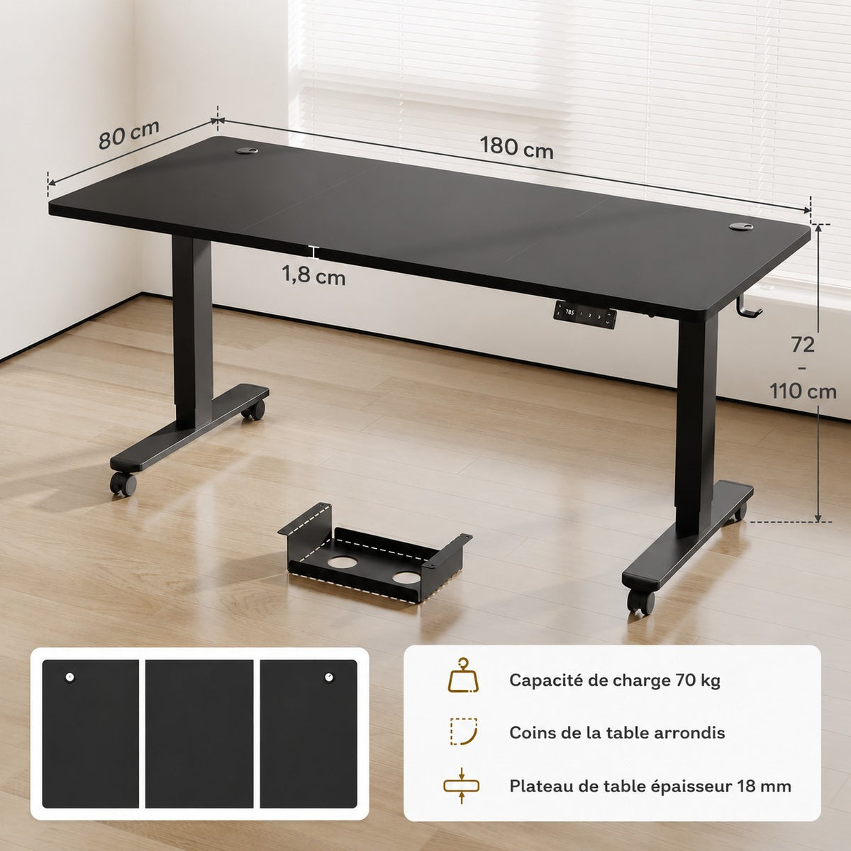 Bureau assis debout 180x80 avec roues