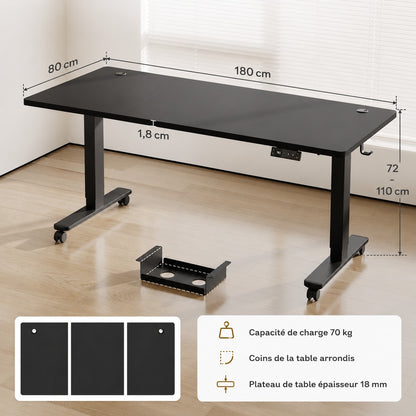 Bureau assis debout 180x80 avec roues